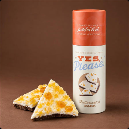 Butterscotch Bark in cocoa brown packaging