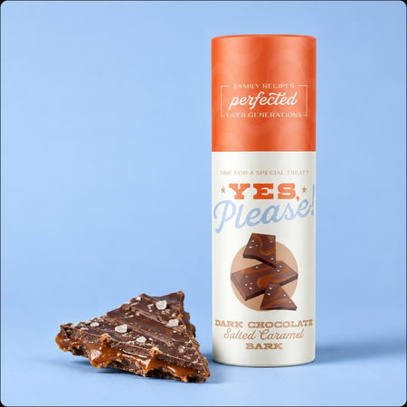 Dark Chocolate Salted Caramel Bark in powder blue packaging