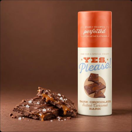 Dark Chocolate Salted Caramel Bark in cocoa brown packaging