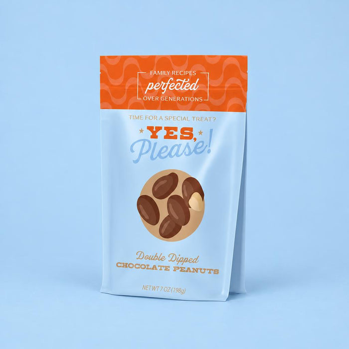 Double Dipped Chocolate Covered Peanuts in powder blue packaging