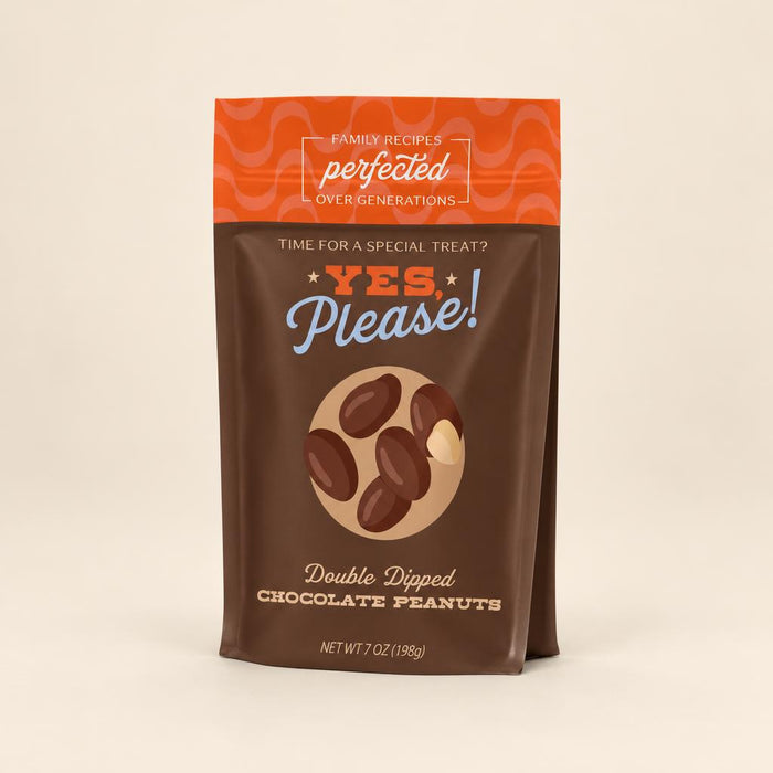 Double Dipped Chocolate Covered Peanuts in cocoa brown packaging